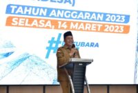Bupati Batubara Zahir saat menyampaikan kata sambutan pada acara sosialisasi pemdes dan BPD yang digelar di hotel Singapore Land Kecamatan Sei Balai, Selasa (14/3/2023)